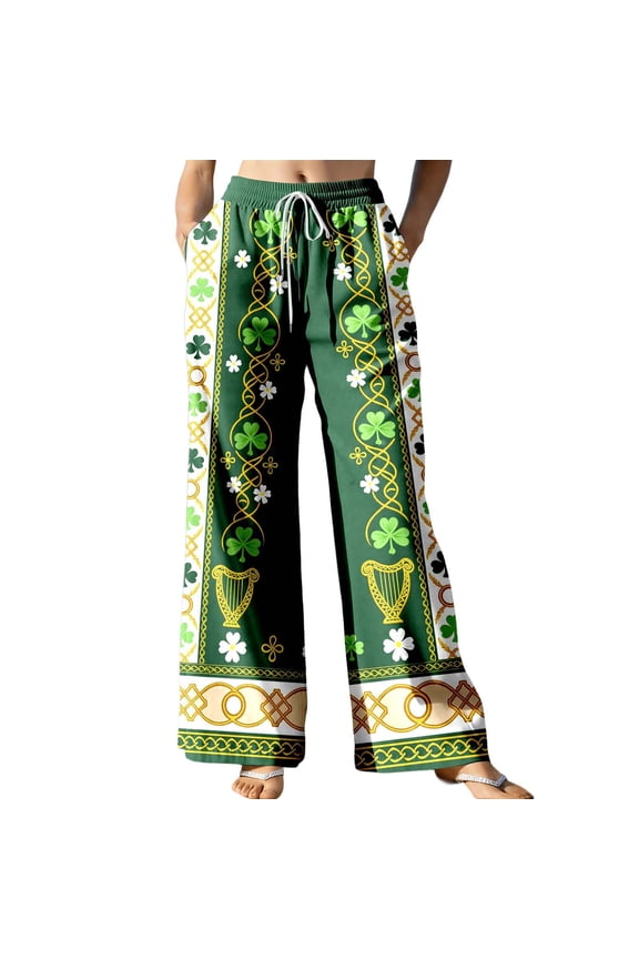St. Patrick's Day Pants for Women Wide Leg Comfy Palazzo Trousers Green Clover Printed High Waisted Casual Pants