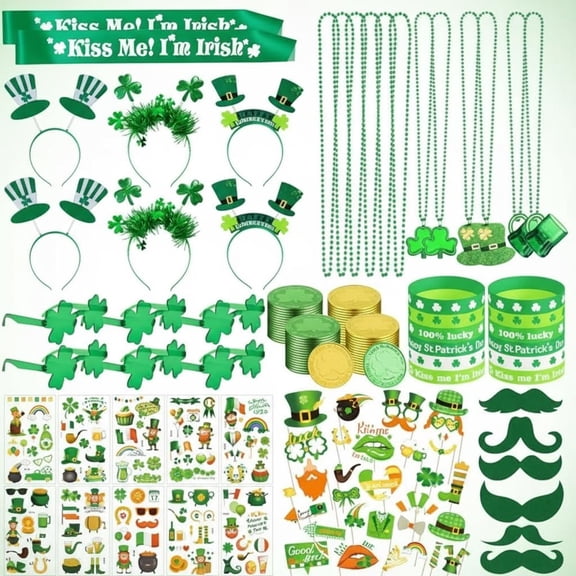 St. Patrick's Day Party Supplies 210-Piece Set - Irish Shamrock Glasses, Headbands, Beaded Necklaces, Bracelets, Photo Booth Props, Mustaches, Coins, Tattoo Stickers, Sash for Holiday Decorations