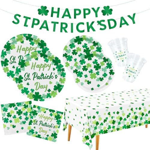 St. Patrick's Day Party Supplies Kit for 25 - Irish Themed Tableware with Lucky Shamrock Plates, Napkins, Cups & Tablecloth, Plus Festive Banner for the St. Patrick's Party Decorations