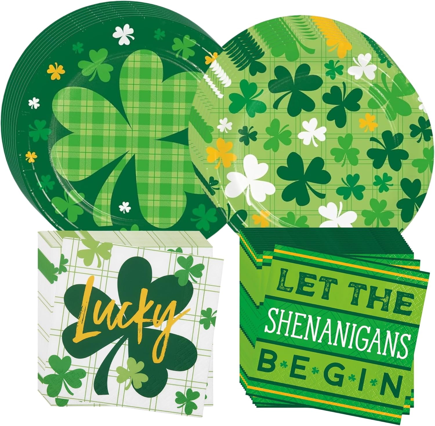 St. Patrick’s Day Party Supplies Set – Shamrock Dessert & Appetizer Plates -16 Count, 7" & “Let the Shenanigans Begin” Beverage Napkins -16 Count – Disposable Paper Plates & Napkins