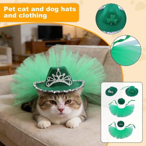 St. Patrick's Day Pet Outfit, Pet Cowboy Hat & Tutu Set, Green Pet Hat, Crown Pet Accessory, Shamrock Pet Decor, Festive Dog & Cat Apparel, for Holiday Parades, Photo Shoots & Irish-Themed Parties A