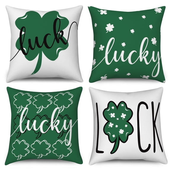 St Patrick's Day Pillow Cover 16x16 Set of 4,Green Lucky Clover Pillow Cases Couch Cushion for Bedroom Home Decor