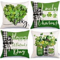 St. Patrick''s Day Pillow Covers 18 x 18 Inch Set of 4, Green Shamrock Heart Lucky Charm Buffalo Plaid Mason Jar Farmhouse Throw Pillowcases for Home Sofa Couch Cushion Decoration G439-18