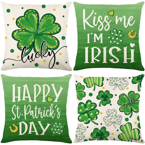 St. Patrick's Day Pillow Covers 18x18 Inch 4-Piece Set – Green Lucky Clover Design Spring Pillow Covers for Sofa, Couch & Home Holiday Decor(A)