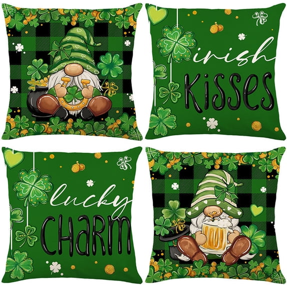 St. Patrick's Day Pillow Covers 18x18 Inch 4-Piece Set – Green Lucky Clover Design Spring Pillow Covers for Sofa, Couch & Home Holiday Decor(D)