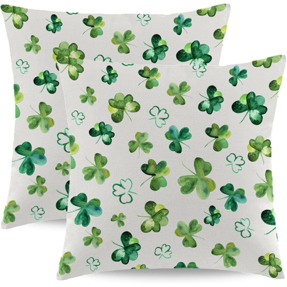 St. Patrick''s Day Pillow Covers 18x18 Inch Set of 2, Watercolor Shamrock Throw Pillow Case Spring Green Lucky Clover Decorative Linen Cushion Covers for Home Bed Couch Sofa Outdoor