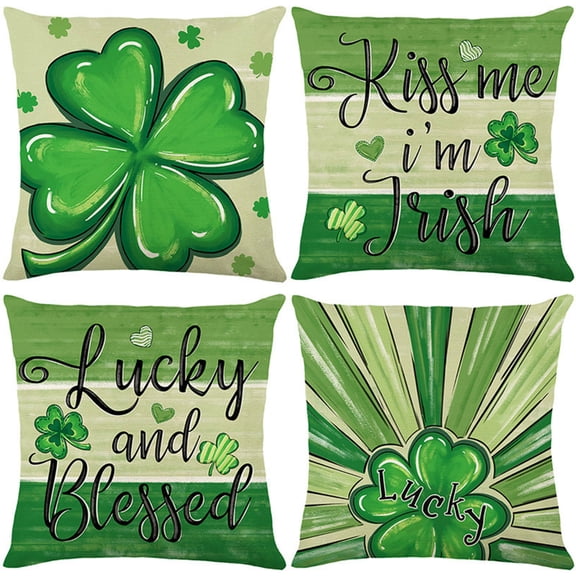 St. Patrick's Day Pillow Covers 4 Pack 17.7x17.7 Inches, Green Lucky Clover Decorative Pillowcases for Spring Sofa Home