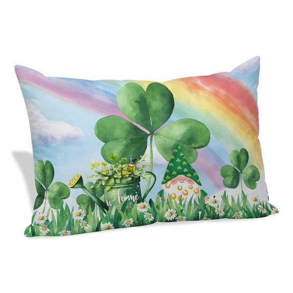 St Patrick's Day Pillow Covers, Linen Long Throw Pillow Case, Green Gnomes Shamrock Cloud Plants Rainbow Holiday Pillow Protector Decorative Cushion Cover for Living Room/Bedroom 16" x 24"