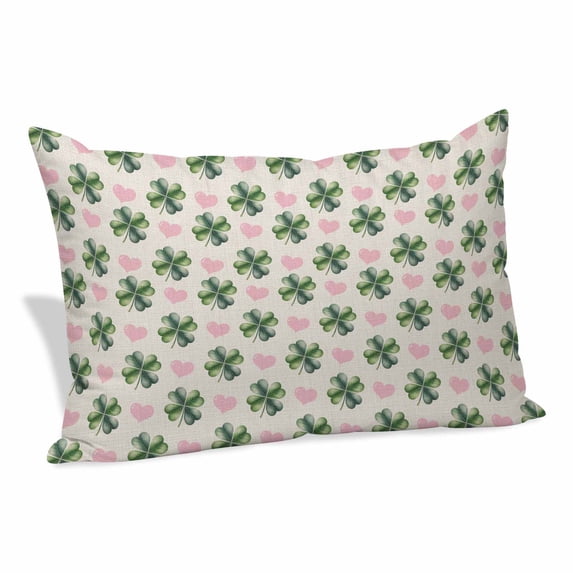 St. Patrick's Day Pillow Covers, Linen Long Throw Pillow Case, Green Lucky Clovers Pink Love Heart Holiday Pillow Protector Decorative Cushion Cover for Living Room/Bedroom 20" x 26"