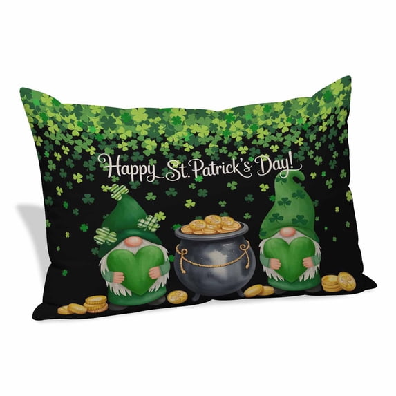 St. Patrick's Day Pillow Covers, Linen Long Throw Pillow Case, Spring Lucky Shamrocks Green Gnomes Black Holiday Pillow Protector Decorative Cushion Cover for Living Room/Bedroom 20" x 26"