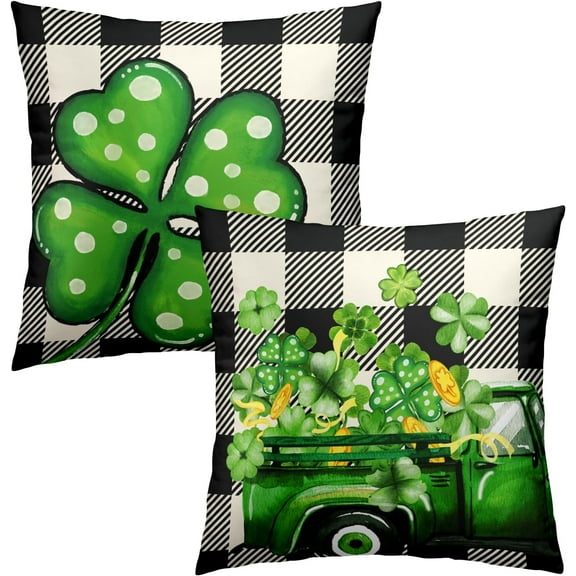 St. Patrick''s Day Pillowcovers Buffalo Check Clover Truck Throw Pillow Covers Lucky Shamrock Cushion Case for Sofa Home Decor Bedroom Living Room Outdoor 18 x 18 Inches Set of 2 Spring Pillow Covers