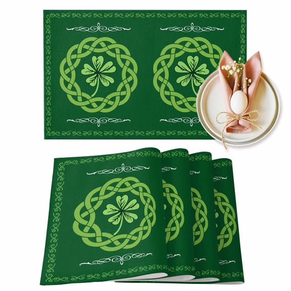 St. Patrick's Day Placemat of 1 PC, Celtic Knots Four Leaf Clovers Table Mats Washable Heat-Insulation Non-Slip Place Mats for Kitchen Dinner Table Indoor Outdoor Decor,13x19 Inch Forest Green