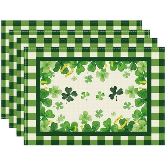 St. Patrick's Day Placemats 12x18 Inch Set of 4 Green Plaid Shamrocks Table mats Farmhouse Rustic Holiday Kitchen Dining Table Decoration for Indoor Outdoor Dinner Party Décor