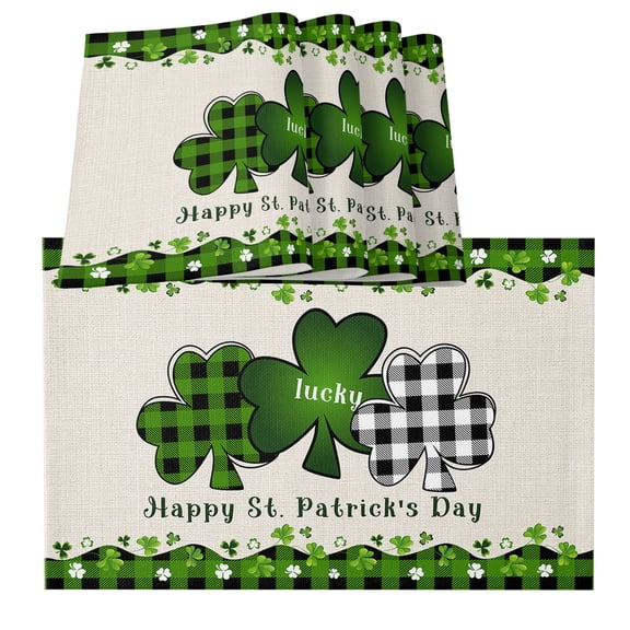 St. Patrick's Day Placemats for Dinning Table Set of 4, Green and Black Checkered Lucky Burlap Kitchen Place Mats Waterproof Cloth Table Mats, Indoor Outdoor Placemats Easy Clean Dinner Decor