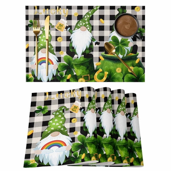 St. Patrick's Day Placemats Set of 12, Gnomes Gold Coin Shamrock Checkered Plaid Placemats for Dining Table, Place Mats for Kitchen Tabletop, Waterproof Wipeable Dining Table Mats Set