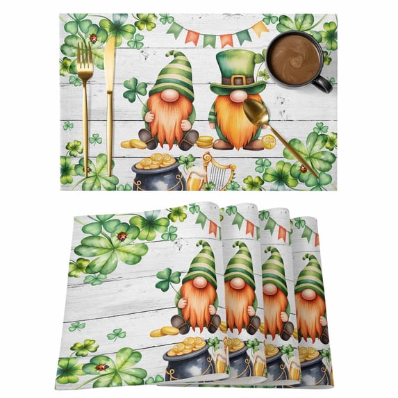 St. Patrick's Day Placemats Set of 12, Green Gnomes Lucky Shamrocks Grey Farm Wooden Placemats for Dining Table, Place Mats for Kitchen Tabletop, Waterproof Wipeable Dining Table Mats Set