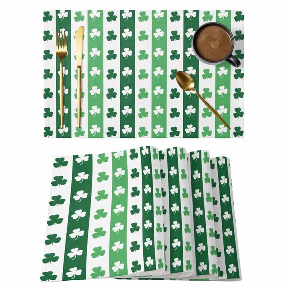St. Patrick's Day Placemats Set of 12, Green Irish Lucky Clovers Stripes Placemats for Dining Table, Place Mats for Kitchen Tabletop, Waterproof Wipeable Dining Table Mats Set