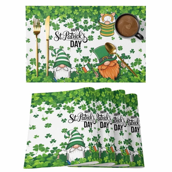 St. Patrick's Day Placemats Set of 12, Spring Green Gnomes Leaves Clovers Placemats for Dining Table, Place Mats for Kitchen Tabletop, Waterproof Wipeable Dining Table Mats Set