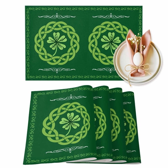 St. Patrick's Day Placemats Set of 4, Celtic Knots Four Leaf Clovers Table Mats Washable Heat-Insulation Non-Slip Place Mats for Kitchen Dinner Table Indoor Outdoor Decor,13x19 Inch Forest Green