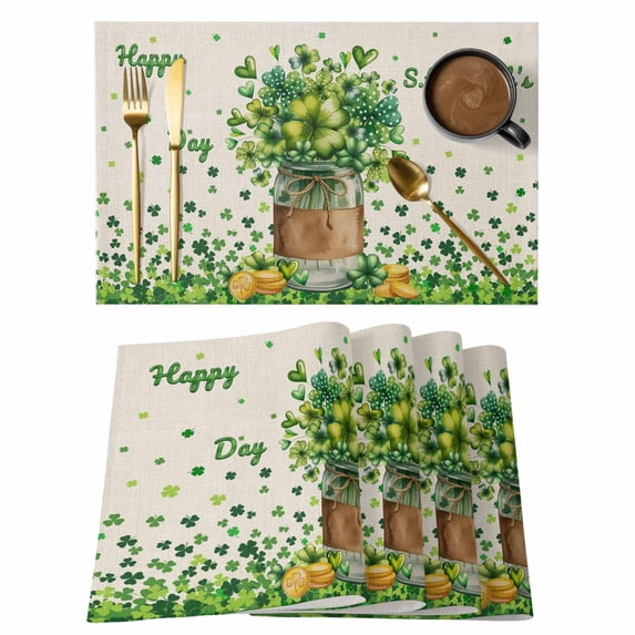 St. Patrick's Day Placemats Set of 4, Farmhouse Green Lucky Clovers Coin Placemats for Dining Table, Place Mats for Kitchen Tabletop, Waterproof Wipeable Dining Table Mats Set