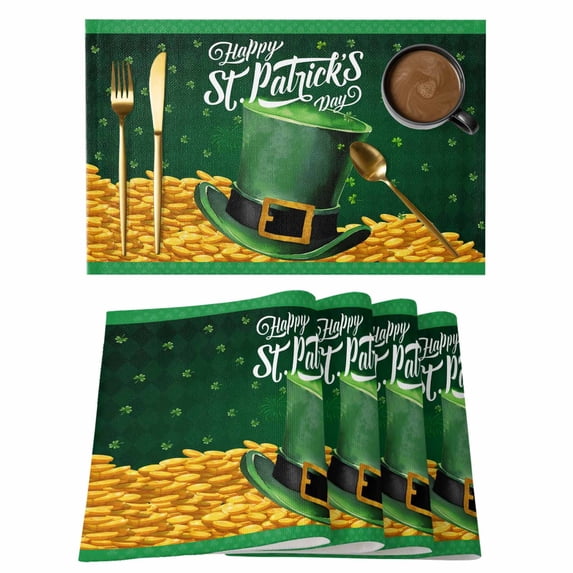 St. Patrick's Day Placemats Set of 4, Funny Green Hats Leaves Coin Art Placemats for Dining Table, Place Mats for Kitchen Tabletop, Waterproof Wipeable Dining Table Mats Set