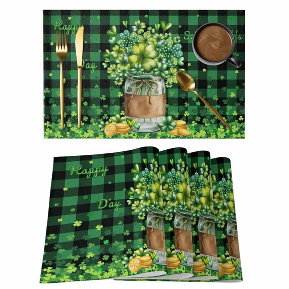 St. Patrick's Day Placemats Set of 4, Green Clovers Coin Buffalo Plaid Placemats for Dining Table, Place Mats for Kitchen Tabletop, Waterproof Wipeable Dining Table Mats Set