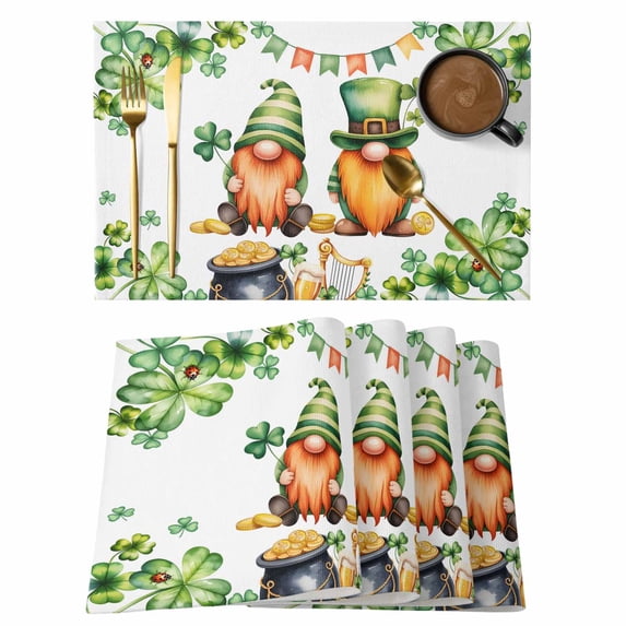 St. Patrick's Day Placemats Set of 4, Green Gnomes Lucky Shamrocks Flags Placemats for Dining Table, Place Mats for Kitchen Tabletop, Waterproof Wipeable Dining Table Mats Set