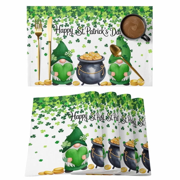 St. Patrick's Day Placemats Set of 4, Green Gnomes Spring Lucky Shamrocks Placemats for Dining Table, Place Mats for Kitchen Tabletop, Waterproof Wipeable Dining Table Mats Set