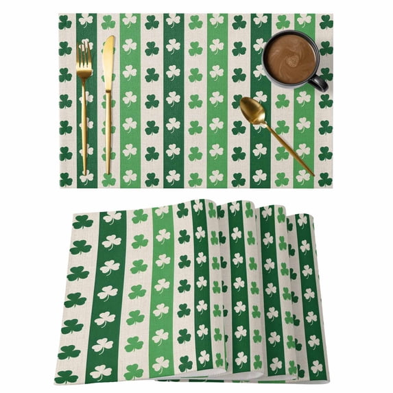 St. Patrick's Day Placemats Set of 4, Green Shamrock Irish Lucky Leaves Placemats for Dining Table, Place Mats for Kitchen Tabletop, Waterproof Wipeable Dining Table Mats Set
