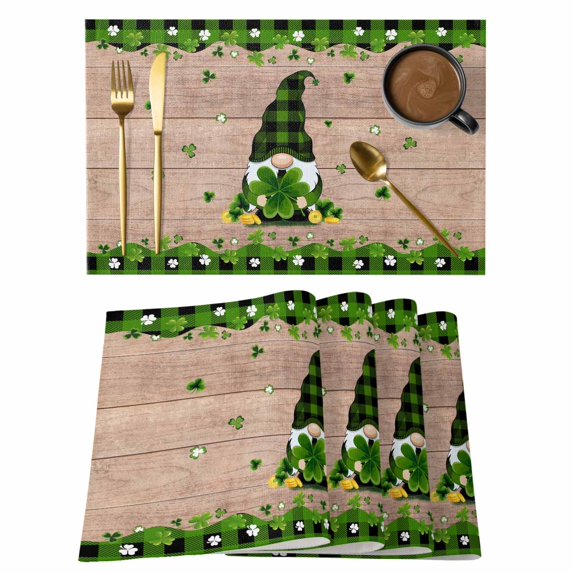 St. Patrick's Day Placemats Set of 4, Green Shamrocks Gnomes Plaid Wood Placemats for Dining Table, Place Mats for Kitchen Tabletop, Waterproof Wipeable Dining Table Mats Set
