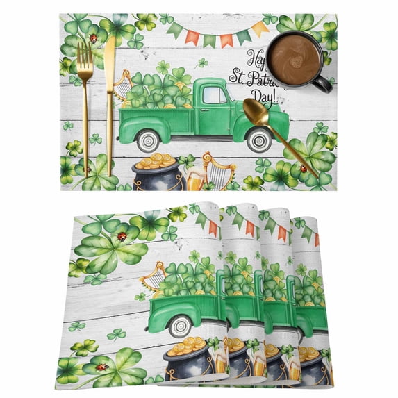 St. Patrick's Day Placemats Set of 4, Green Truck Lucky Shamrocks Rustic Wooden Placemats for Dining Table, Place Mats for Kitchen Tabletop, Waterproof Wipeable Dining Table Mats Set