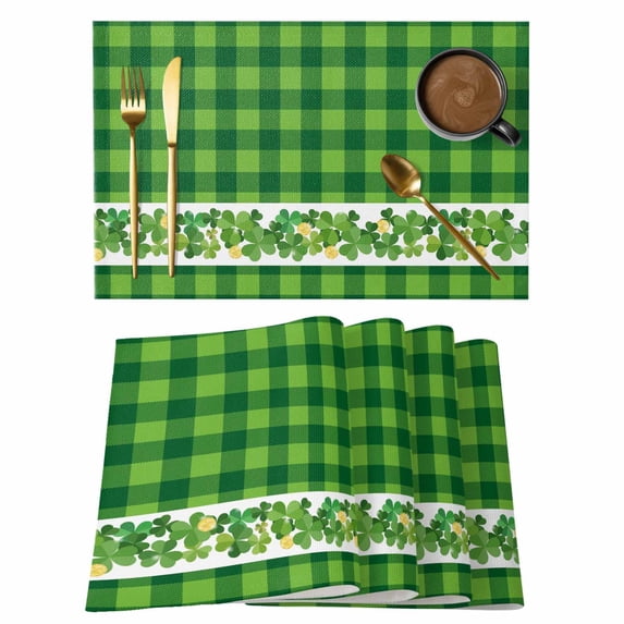 St. Patrick's Day Placemats Set of 4, Lucky Shamrock Grasses Green Plaid Placemats for Dining Table, Place Mats for Kitchen Tabletop, Waterproof Wipeable Dining Table Mats Set