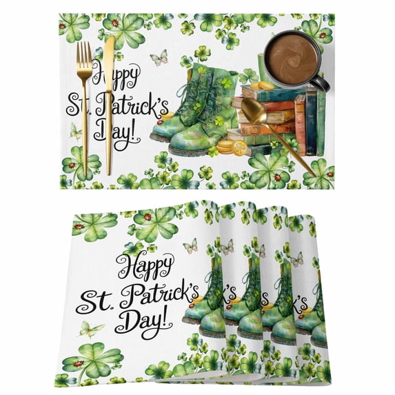 St. Patrick's Day Placemats Set of 4, Lucky Shamrocks Boots Books Green Plants Placemats for Dining Table, Place Mats for Kitchen Tabletop, Waterproof Wipeable Dining Table Mats Set