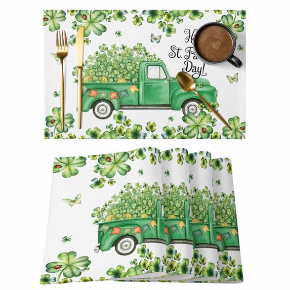 St. Patrick's Day Placemats Set of 4, Lucky Shamrocks Green Car Country Plants Placemats for Dining Table, Place Mats for Kitchen Tabletop, Waterproof Wipeable Dining Table Mats Set