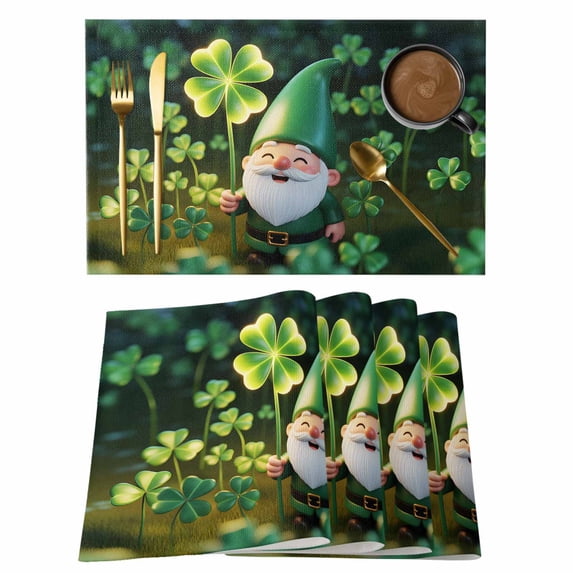 St. Patrick's Day Placemats Set of 4, Spring Green Shamrock Gnomes Leaves Placemats for Dining Table, Place Mats for Kitchen Tabletop, Waterproof Wipeable Dining Table Mats Set