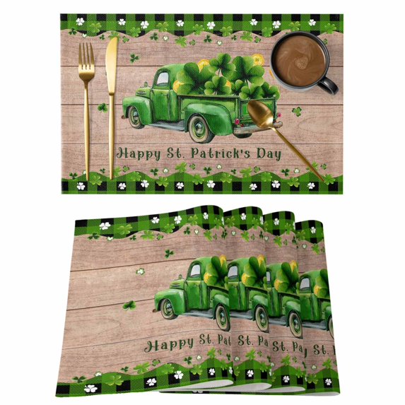St. Patrick's Day Placemats Set of 4, Spring Green Shamrocks Truck Coin Plaid Placemats for Dining Table, Place Mats for Kitchen Tabletop, Waterproof Wipeable Dining Table Mats Set