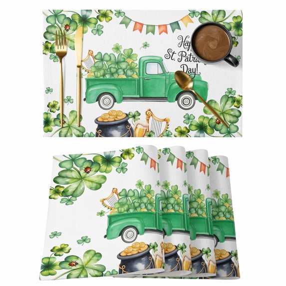 St. Patrick's Day Placemats Set of 4, Spring Lucky Shamrocks Green Truck Country Placemats for Dining Table, Place Mats for Kitchen Tabletop, Waterproof Wipeable Dining Table Mats Set