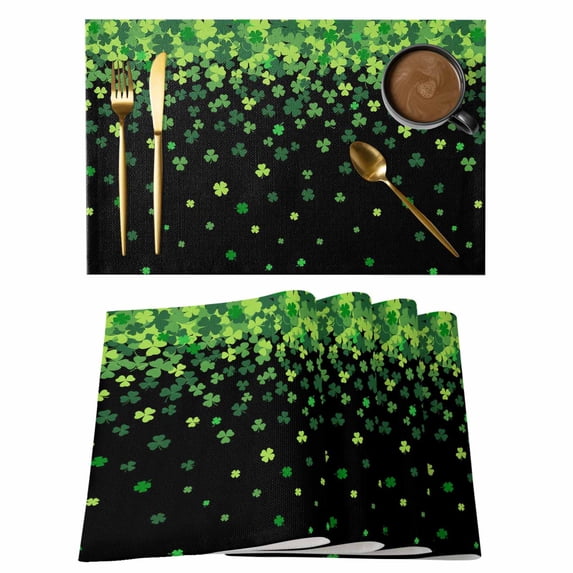 St. Patrick's Day Placemats Set of 4, Spring Lucky Shamrocks Leaves Black Placemats for Dining Table, Place Mats for Kitchen Tabletop, Waterproof Wipeable Dining Table Mats Set