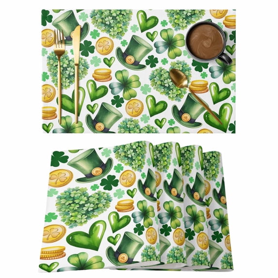 St. Patrick's Day Placemats Set of 4, Spring Shamrocks Green Love Heart Hats Placemats for Dining Table, Place Mats for Kitchen Tabletop, Waterproof Wipeable Dining Table Mats Set