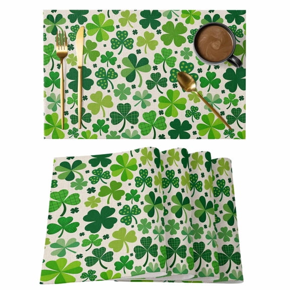 St. Patrick's Day Placemats Set of 4 Vintage Spring Green Lucky Irish Clovers Place Mats Indoor Wipeable Table Mats Washable Dining Table Placemats for Kitchen Holiday Party Home Decor 13x19 Inch