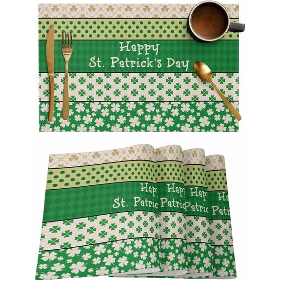 St. Patrick''s Day Placemats Set of 4,Washable Woven Burlap Cloth Fabric Placemat for Square/Rectangle/Round/Oval Dining Table,Easy Clean Place Mats for Toddlers,Kids Dot Plaid Lattice Geometric Plant