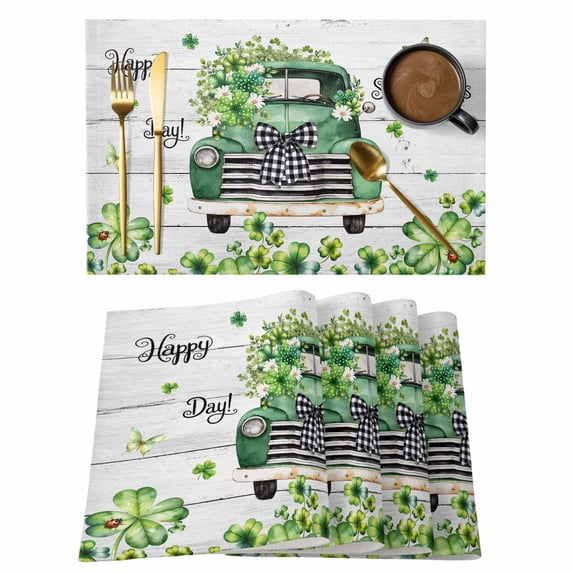 St. Patrick's Day Placemats Set of 6, Green Truck Clovers Floral Butterfly Wood Placemats for Dining Table, Place Mats for Kitchen Tabletop, Waterproof Wipeable Dining Table Mats Set