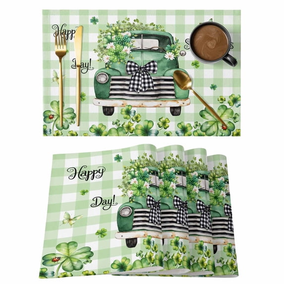 St. Patrick's Day Placemats Set of 6, Green Truck Leaf Flowers Butterfly Plaid Placemats for Dining Table, Place Mats for Kitchen Tabletop, Waterproof Wipeable Dining Table Mats Set