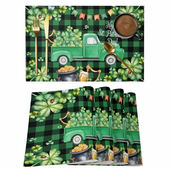 St. Patrick's Day Placemats Set of 6, Green Truck Lucky Shamrocks Farmhouse Check Placemats for Dining Table, Place Mats for Kitchen Tabletop, Waterproof Wipeable Dining Table Mats Set