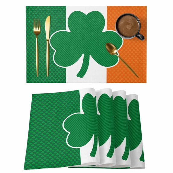 St. Patrick's Day Placemats Set of 6, Irish Flag Green Lucky Shamrock Placemats for Dining Table, Place Mats for Kitchen Tabletop, Waterproof Wipeable Dining Table Mats Set