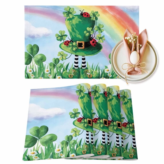 St. Patrick's Day Placemats Set of 6, Leprechauns Green Clovers Hat Rainbow Table Mats Washable Heat-Insulation Non-Slip Place Mats for Kitchen Dinner Table Indoor Outdoor Decor,13x19 Inch