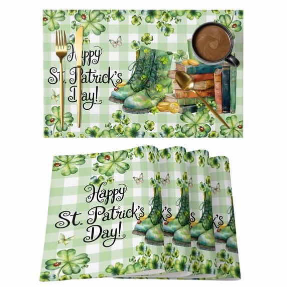 St. Patrick's Day Placemats Set of 6, Lucky Shamrocks Boots Green Buffalo Plaid Placemats for Dining Table, Place Mats for Kitchen Tabletop, Waterproof Wipeable Dining Table Mats Set