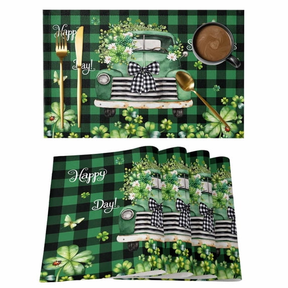 St. Patrick's Day Placemats Set of 6, Spring Green Truck Clovers Flowers Plaid Placemats for Dining Table, Place Mats for Kitchen Tabletop, Waterproof Wipeable Dining Table Mats Set
