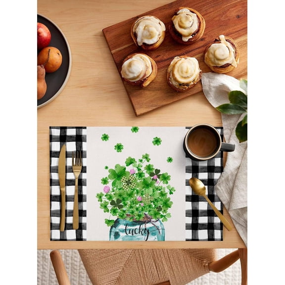 St. Patrick''s Day Placemats Set of 6,Washable Woven Burlap Cloth Fabric Placemat for Square/Rectangle/Round/Oval Dining Table,Easy Clean Place Mats Black Lattice Green Plant Vase Simple White