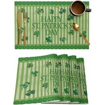 St. Patrick''s Day Placemats Set of 6,Washable Woven Burlap Cloth Fabric Placemat for Square/Rectangle/Round/Oval Dining Table,Easy Clean Place Mats Vintage Green Stripes Plant Holiday